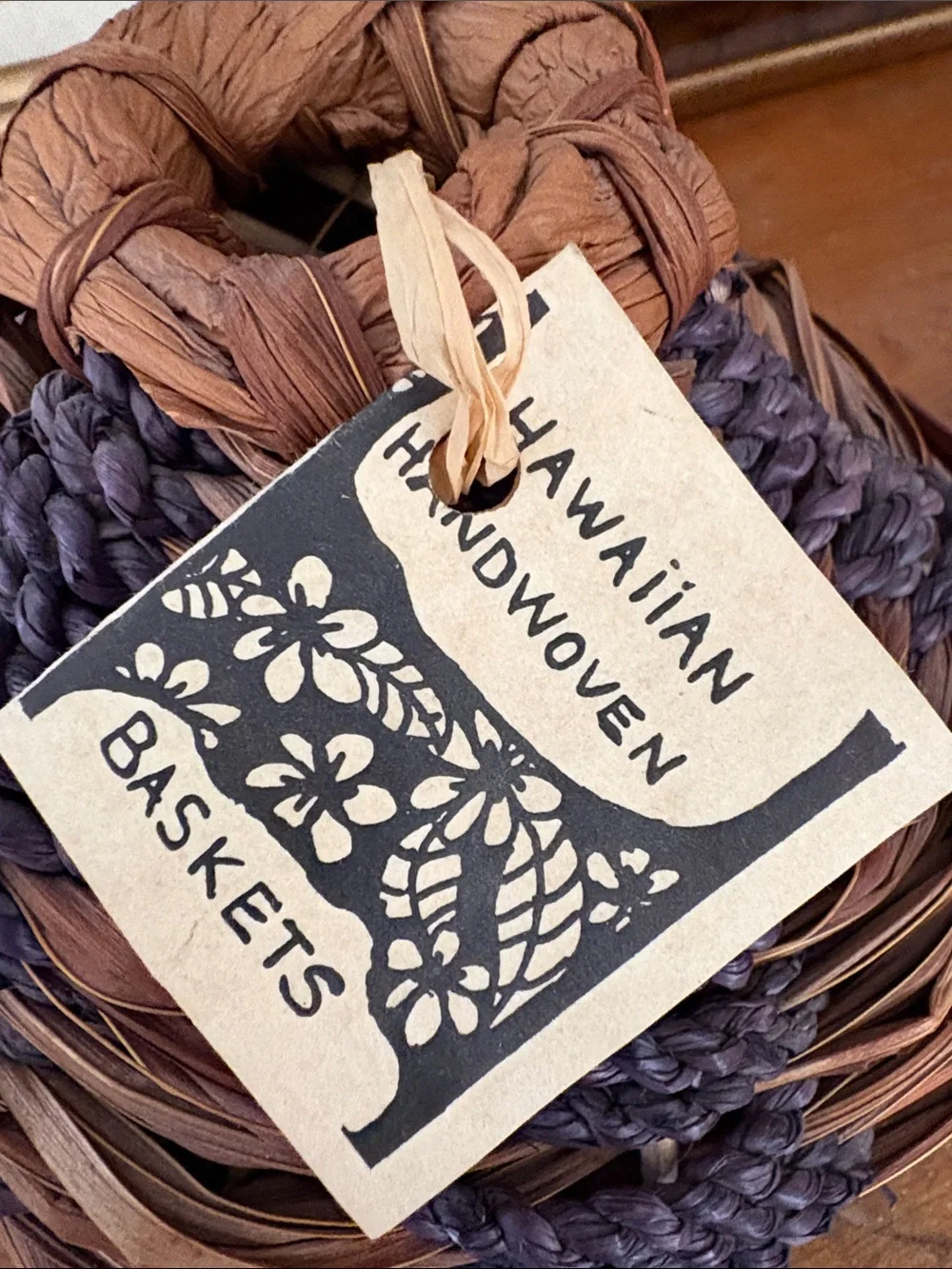 Hawaiian hand woven basket Brown & Dark Purple Decorative Basket